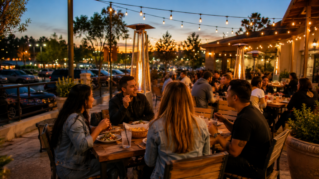 Friends enjoying weekend dining at an El Cajon restaurant patio